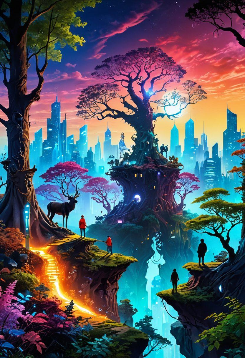 A surreal landscape merging fantasy and reality, featuring a mystical forest with glowing trees on one side and a bustling city skyline on the other. Include characters from various genres, like a knight, a futuristic robot, and a fantasy creature, blending seamlessly between the two worlds. The scene should evoke a sense of wonder and possibility, with vibrant colors and imaginative details. surrealism, vibrant colors, dynamic composition.