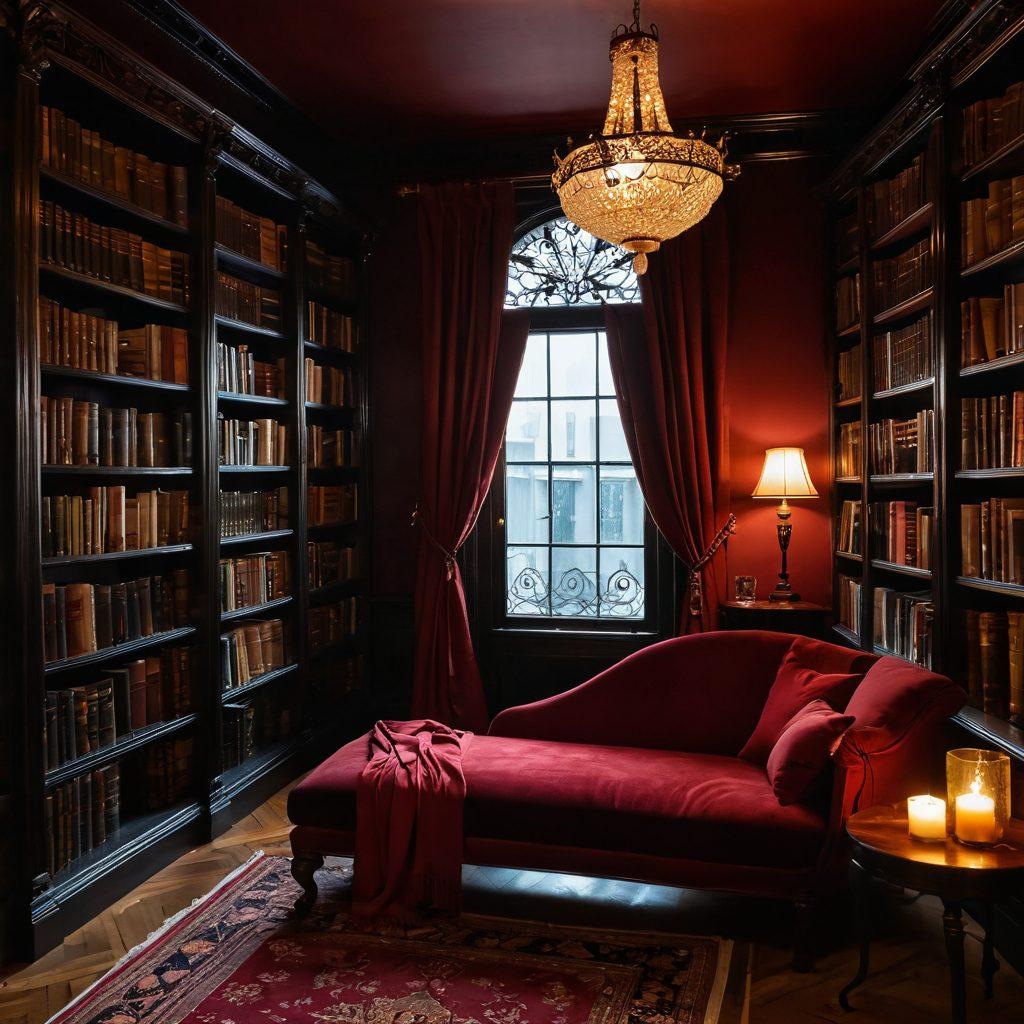 A sultry, dimly-lit room filled with shelves of books, each spine suggesting tantalizing tales. A soft, plush chaise lounge sits invitingly in the center, draped with luxurious fabrics. Gentle candlelight flickers, casting shadows that dance across the walls, while whispers of passion and intrigue linger in the air. A glass of red wine rests on a wooden side table, hinting at indulgent storytelling sessions. art-nouveau style. rich colors. intimate atmosphere.