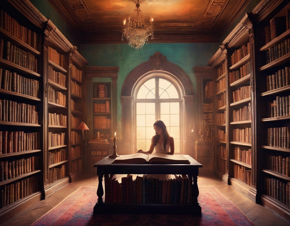 A mysterious, dimly lit library filled with ancient books, featuring a glowing open book in the center that radiates enchanting light. Ethereal silhouettes of mythical creatures and sensual figures subtly woven into the shadows on the shelves, inviting curiosity and exploration. Soft, dreamy pastel colors complement the warm luminescence, evoking a sense of fantasy and allure. mystical atmosphere. surreal art. vibrant colors.